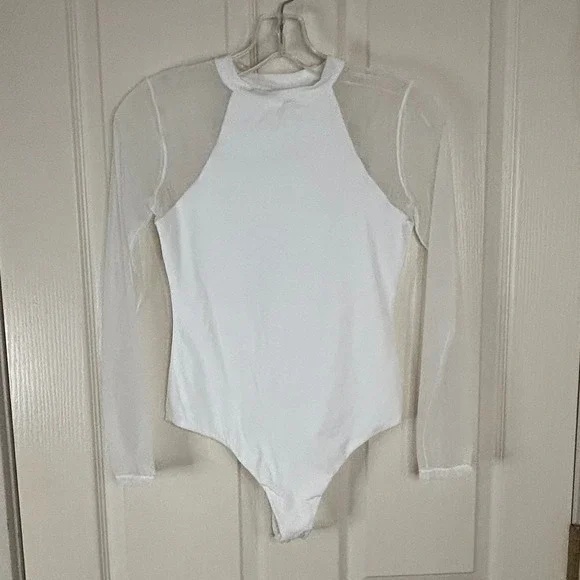 White Bodysuit Sheer Mesh Long Sleeve Mock Neck Top Womens size small - Picture 1 of 12